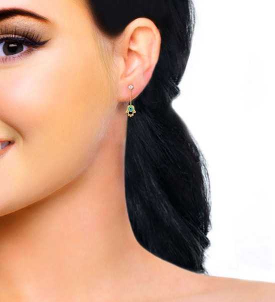 Hamsa Evil Diamond Dangling Eye Earrings