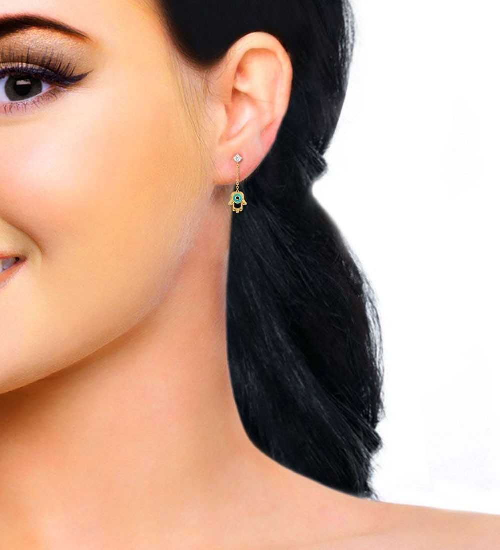Hamsa Evil Diamond Dangling Eye Earrings