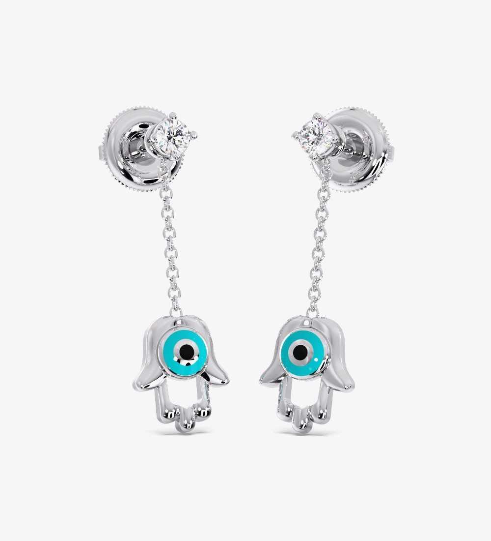 Hamsa Evil Diamond Dangling Eye Earrings